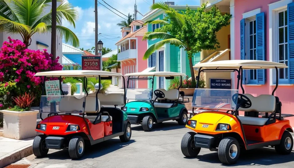 Colorful golf carts parked along the narrow streets of Hope Town on Elbow Cay