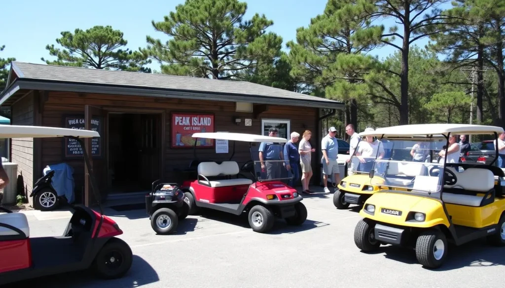 Colorful golf carts parked at a rental shop on Peaks Island, Casco Bay, Maine
