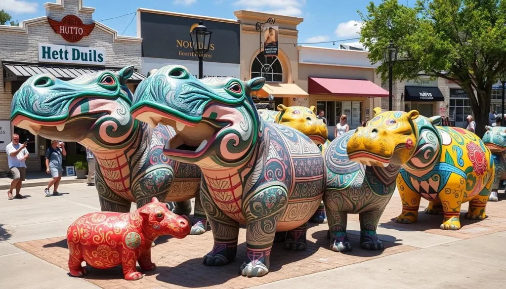 Colorful hippo statues in Hutto Texas during the self-guided hippo tour