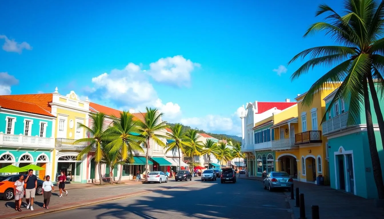 Colorful historic buildings along Speightstown's waterfront with palm trees and the Caribbean Sea in the background