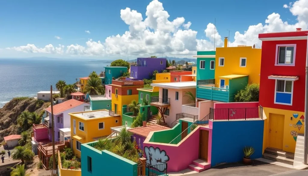 Colorful houses of Cerro Cabrera (Pintalto) in Aguadilla with ocean view in the background