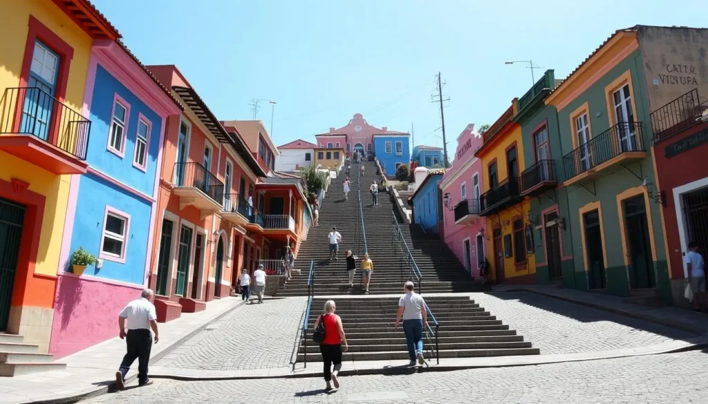 Colorful houses of Las Peñas neighborhood in Guayaquil with the stairway leading up Cerro Santa Ana