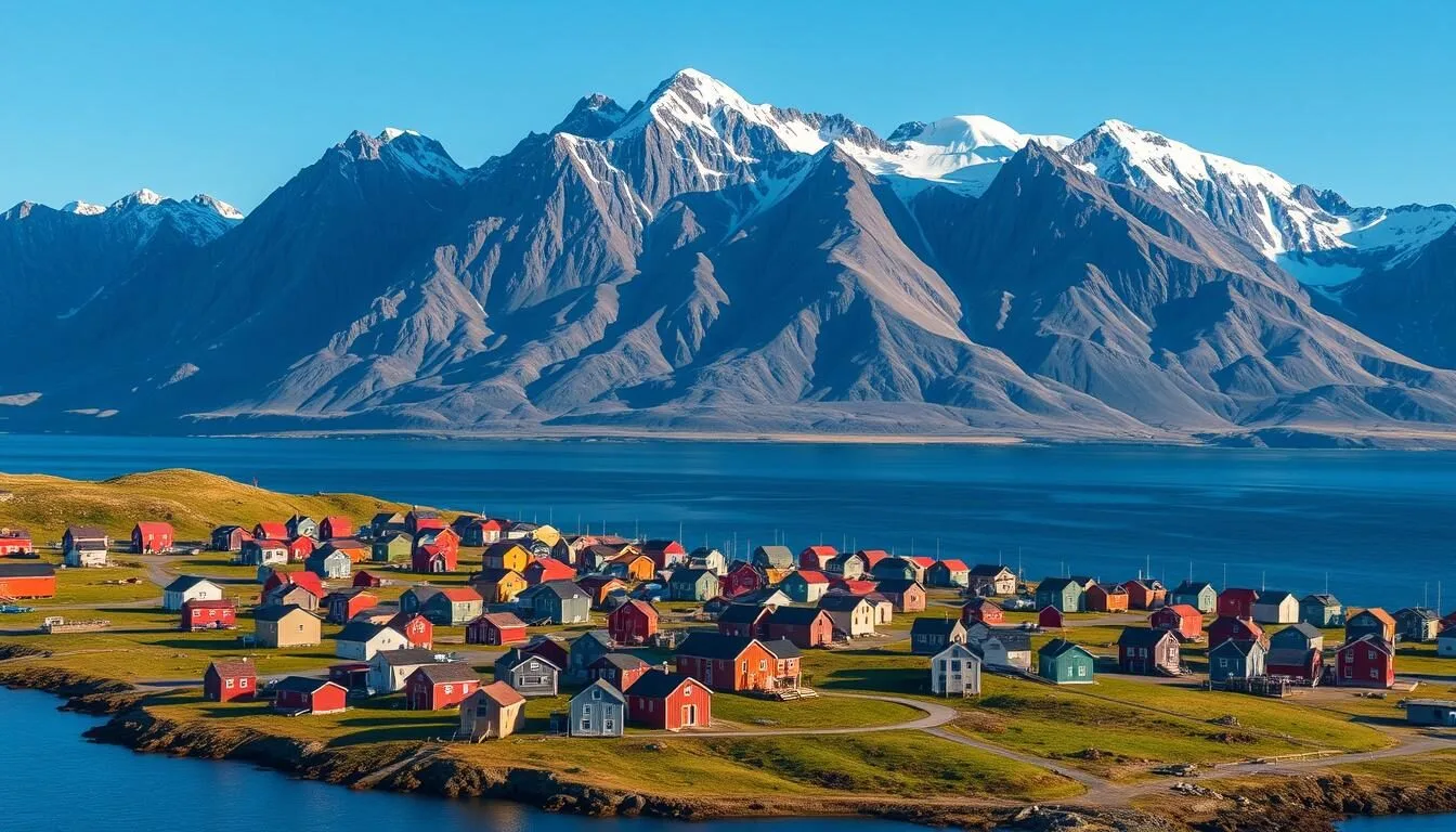 Colorful houses of Sisimiut, Greenland with mountain backdrop on the Arctic Circle