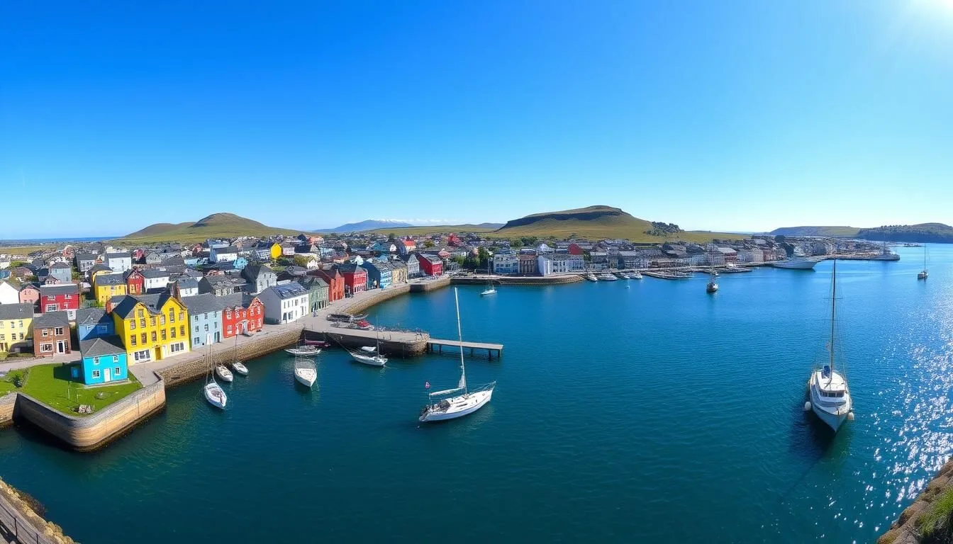 Colorful houses of Stanley, Falkland Islands with harbor view on a clear day