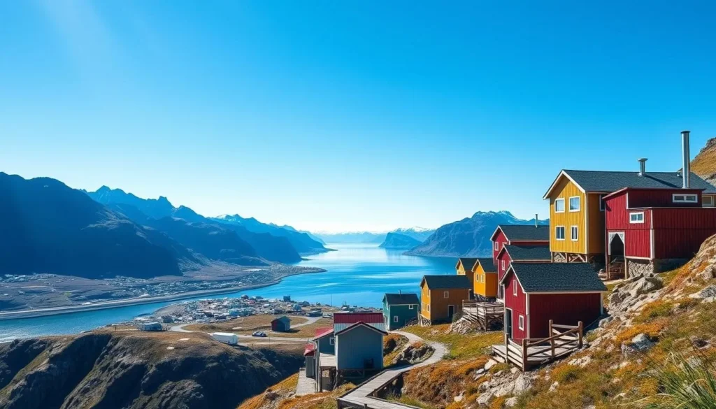 Colorful houses on hillside in Tasiilaq with fjord view
