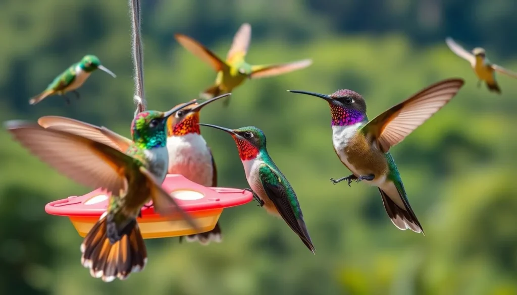 Colorful hummingbirds feeding at the Acaime sanctuary in Cocora Valley with lush cloud forest backdrop Colorful hummingbirds feeding at the Acaime sanctuary in Cocora Valley with lush cloud forest backdrop
