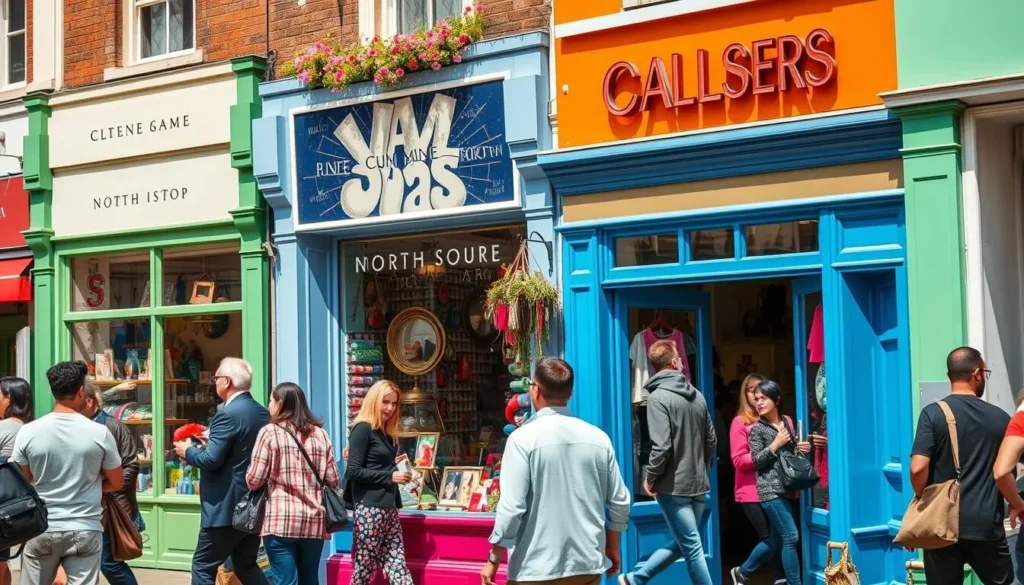 Colorful independent shops in Brighton's North Laine district with shoppers browsing