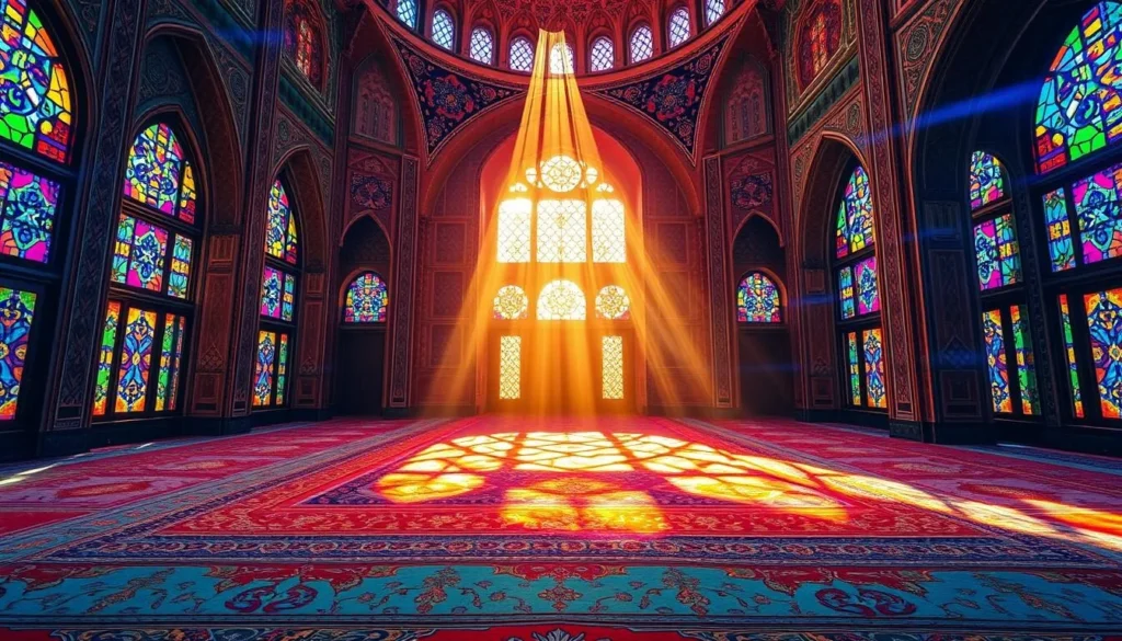 Colorful light streaming through stained glass windows at Nasir al-Mulk Mosque - Iran best things to do Colorful light streaming through stained glass windows at Nasir al-Mulk Mosque - Iran best things to do