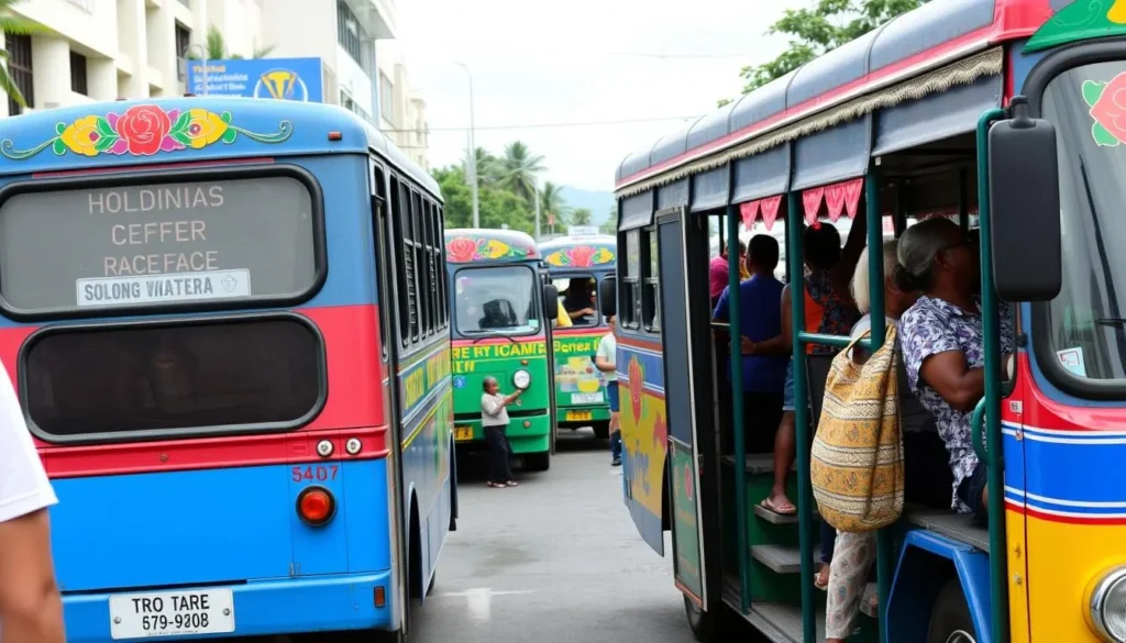 Colorful local buses in Honiara with passengers boarding