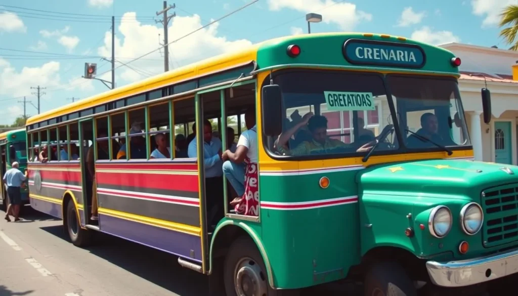 Colorful local buses in St. George's, Grenada with passengers boarding Colorful local buses in St. George's, Grenada with passengers boarding