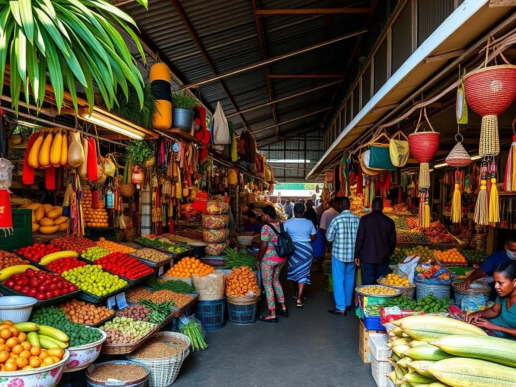 Colorful local market in Brickaville with vendors selling fresh produce, spices, and handicrafts