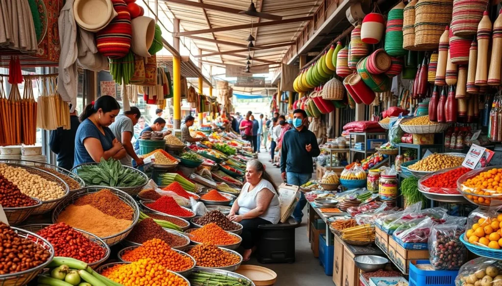 Colorful local market in Ibarra with fresh produce, spices, and traditional foods