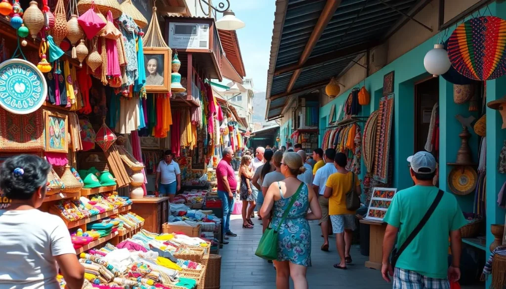 Colorful local market in Saint Mary, Antigua with handcrafted souvenirs and crafts