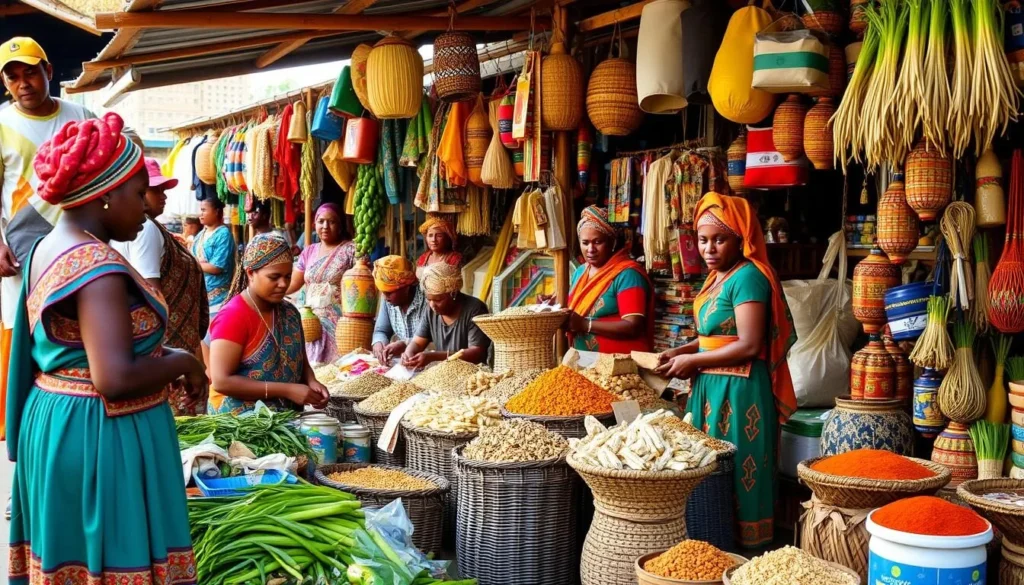 Colorful market in Ambatondrazaka with local vendors selling produce and crafts