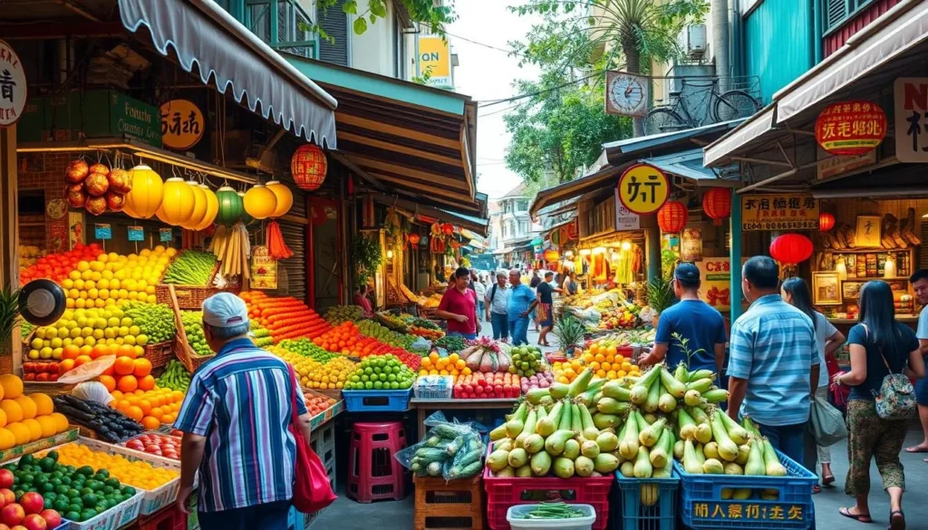 Colorful market stalls at Pasar Baru Chinatown with vendors selling fresh produce - cultural experience in Bogor, Indonesia