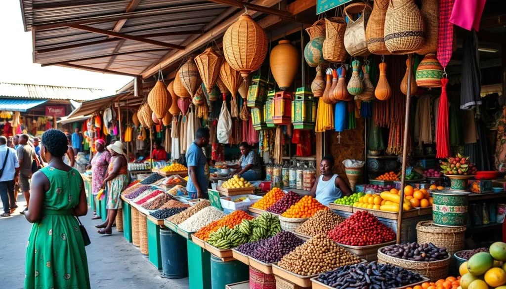 Colorful market stalls in Hell-Ville (Nosy Be), Madagascar with local produce and spices