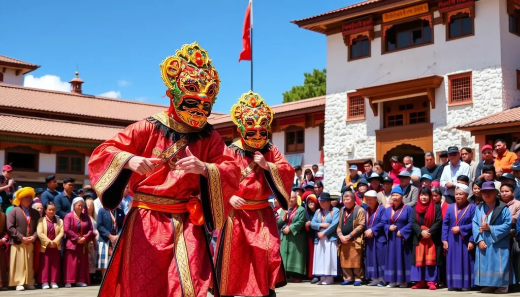 Colorful masked dancers performing at Thimphu Tshechu festival