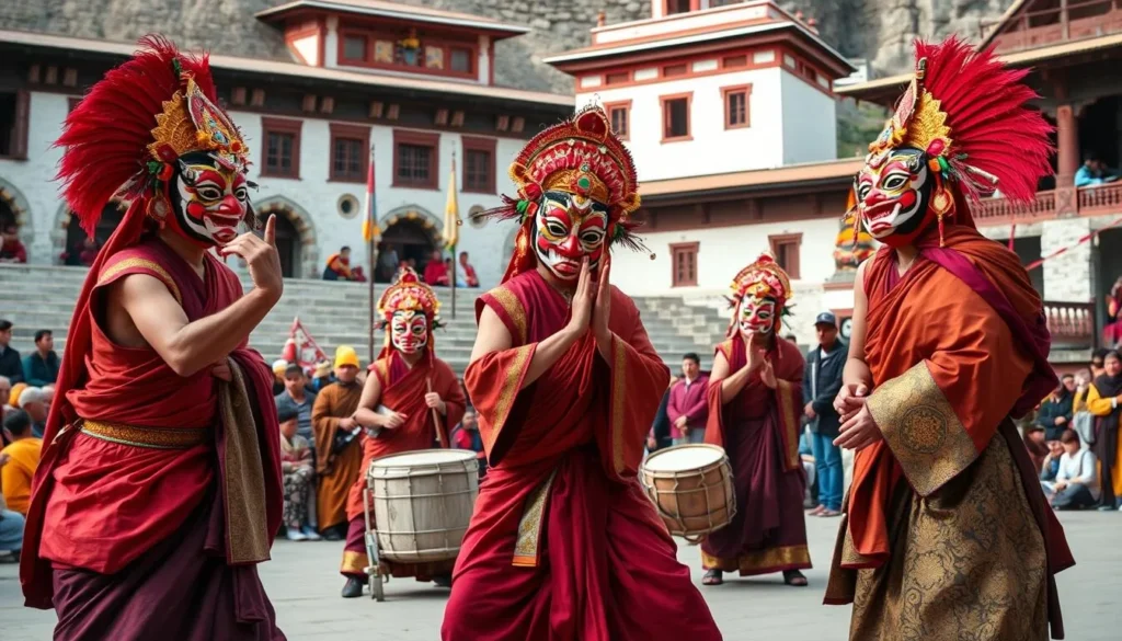 Colorful masked dancers performing at the Hemis Festival with monastery in background and spectators watching