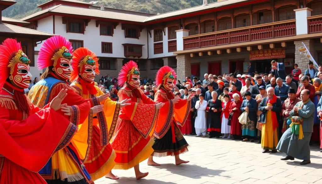 Colorful masked dancers performing at the Punakha Tshechu festival with crowd of locals and tourists watching