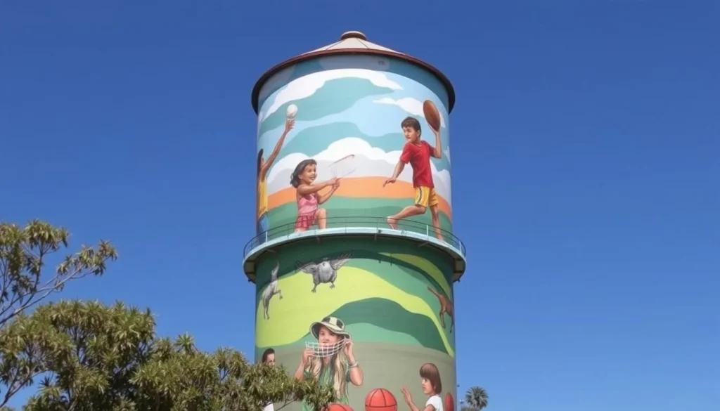 Colorful mural on Cunnamulla water tower depicting local children Colorful mural on Cunnamulla water tower depicting local children