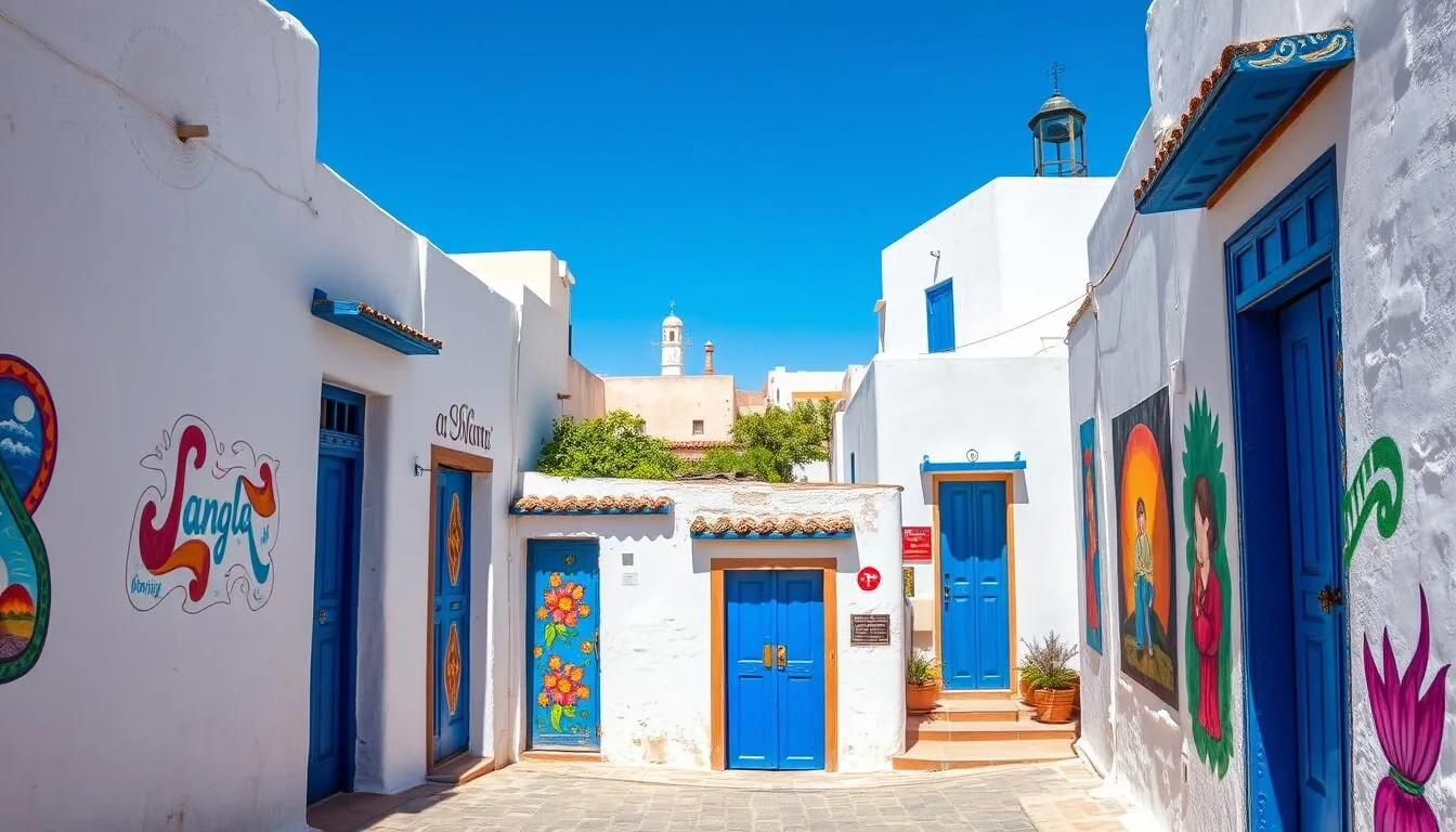 Colorful murals on white walls in Asilah Morocco medina