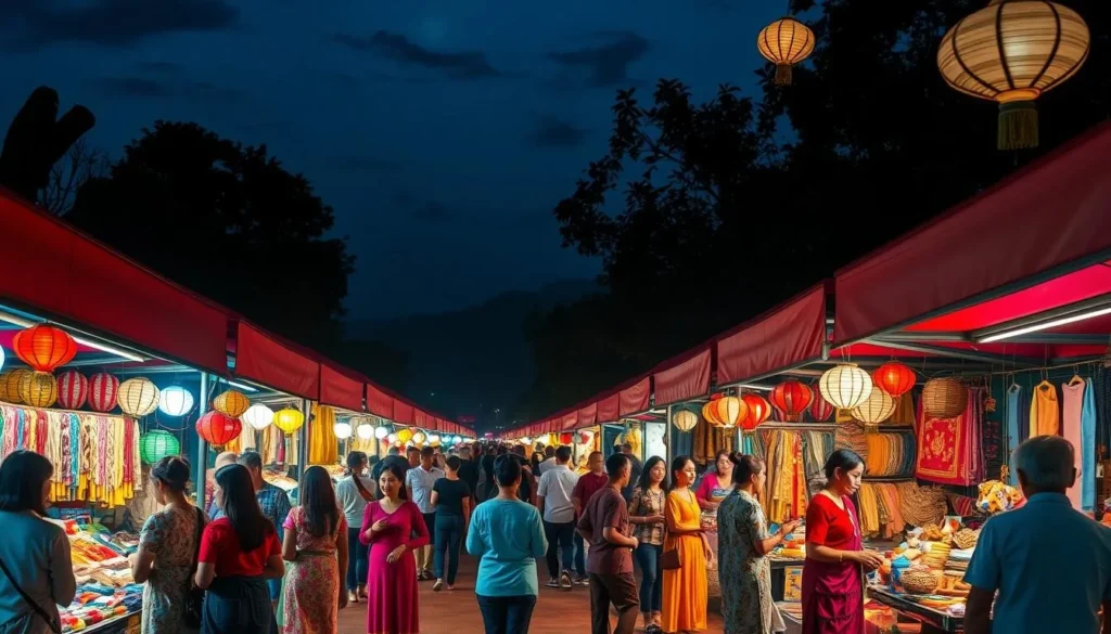 Colorful night market in Luang Prabang with traditional handicrafts and lanterns