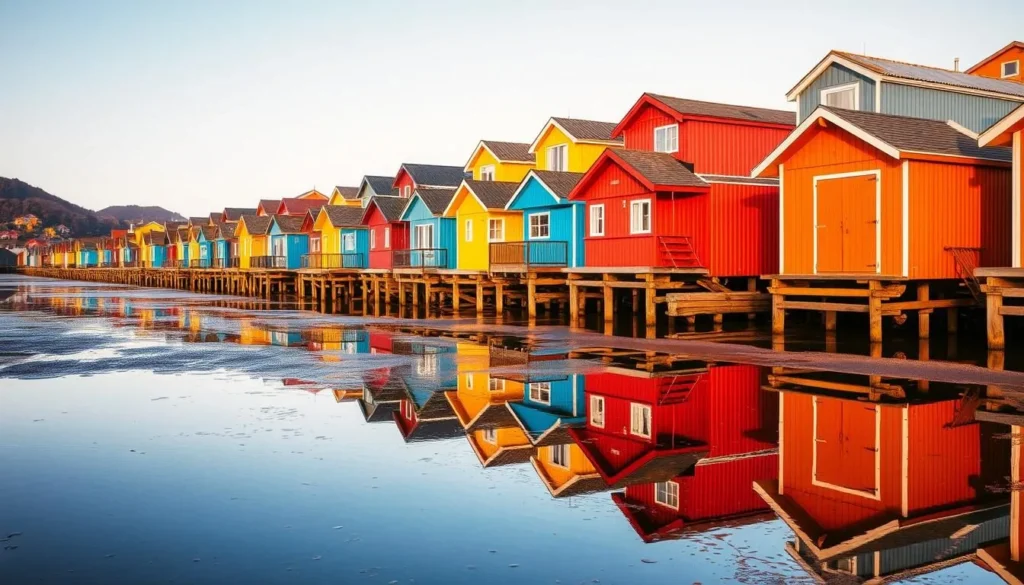 Colorful palafito houses in Castro, Chiloe, reflected in the water at low tide
