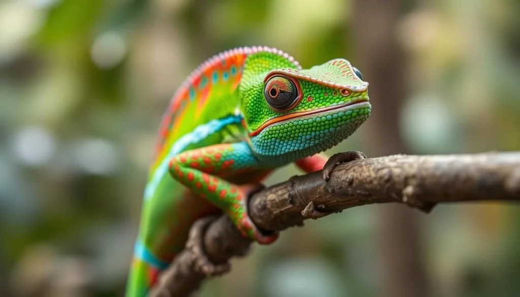 Colorful panther chameleon on a branch in Zahamena National Park