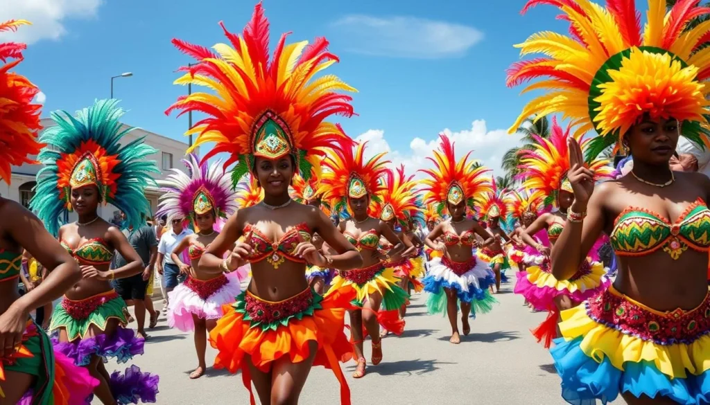 Colorful parade during Batabano Carnival in Grand Cayman with dancers in vibrant costumes