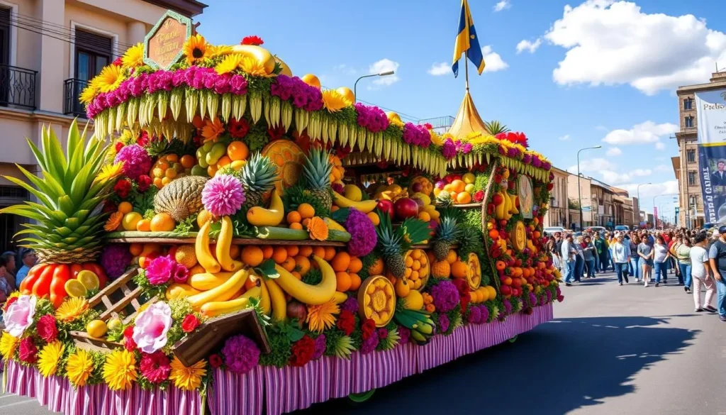 Colorful parade float during Ambato's Fiesta de las Flores y las Frutas festival decorated with fresh fruits and flowers Colorful parade float during Ambato's Fiesta de las Flores y las Frutas festival decorated with fresh fruits and flowers