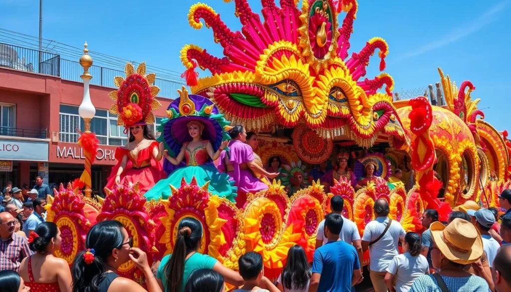 Colorful parade float during Mazatlán Carnival celebration in Sinaloa