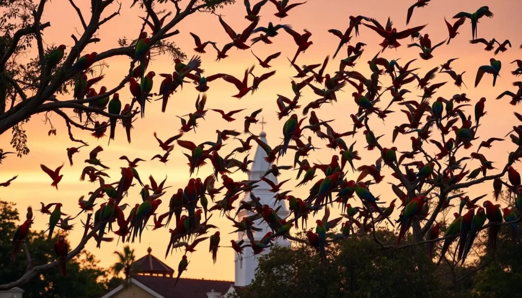Colorful parrots gathering at sunset in Parque Santander in Leticia, Colombia Colorful parrots gathering at sunset in Parque Santander in Leticia, Colombia