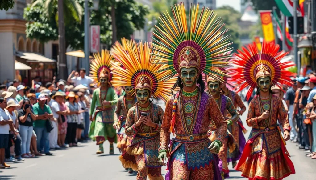 Colorful performers at Solo Batik Carnival parading through the streets in elaborate batik costumes