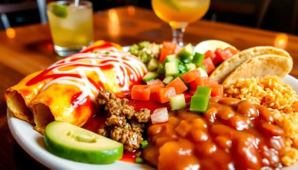 Colorful plate of Tex-Mex food with enchiladas, rice, and beans at a Midlothian restaurant