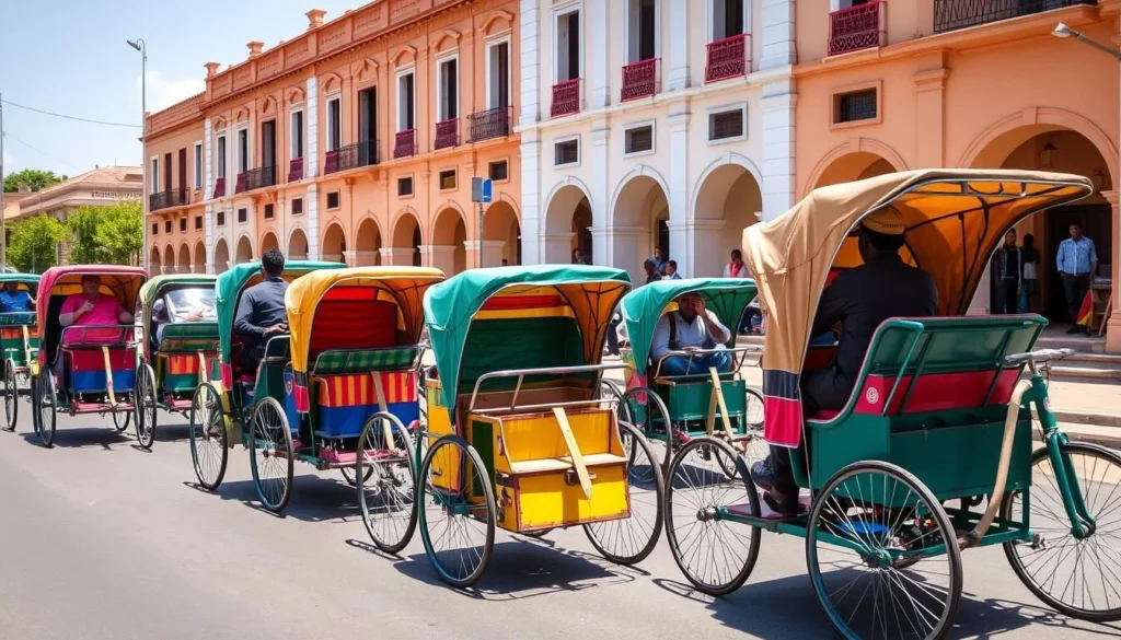 Colorful pousse-pousse (rickshaws) in Antsirabe Madagascar with drivers waiting for customers Colorful pousse-pousse (rickshaws) in Antsirabe Madagascar with drivers waiting for customers