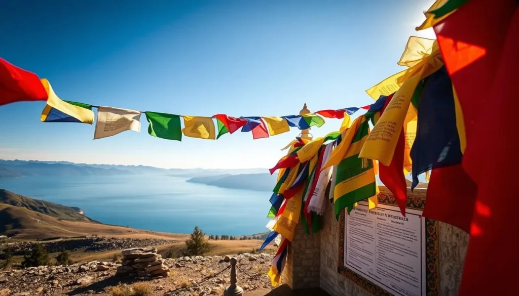 Colorful prayer flags at a sacred site near Lake Baikal with lake view in the background Colorful prayer flags at a sacred site near Lake Baikal with lake view in the background