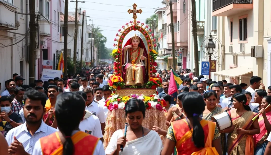 Colorful religious procession during the Feast of St. Sebastian in Negombo with decorated statues and diverse participants