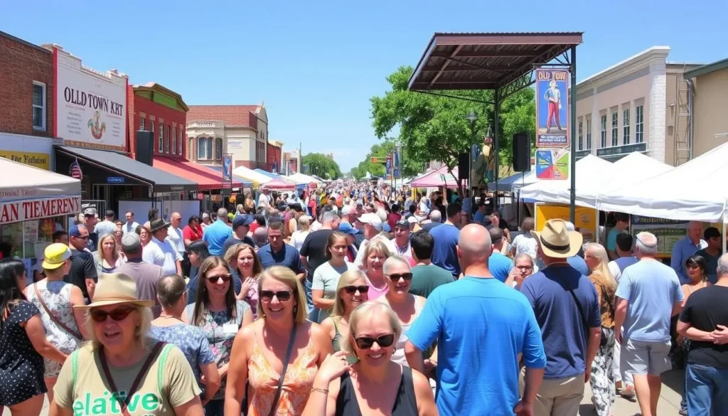 Colorful scene from the Old Town Street Festival in Leander with vendors, live music, and community celebration