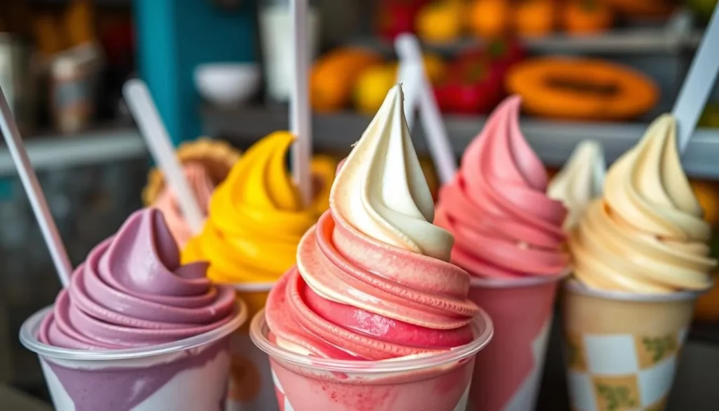 Colorful selection of Amazonian fruit ice creams featuring exotic flavors like cupuaçu and bacuri Colorful selection of Amazonian fruit ice creams featuring exotic flavors like cupuaçu and bacuri