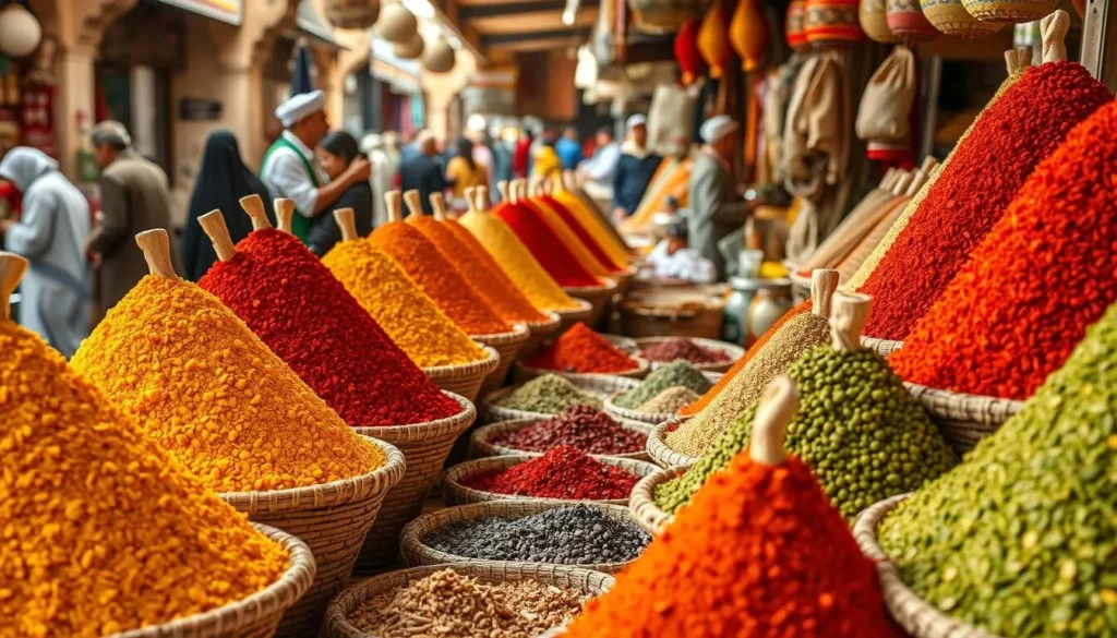 Colorful spice display at the Suq as-Sabt Awlad an-Nama market
