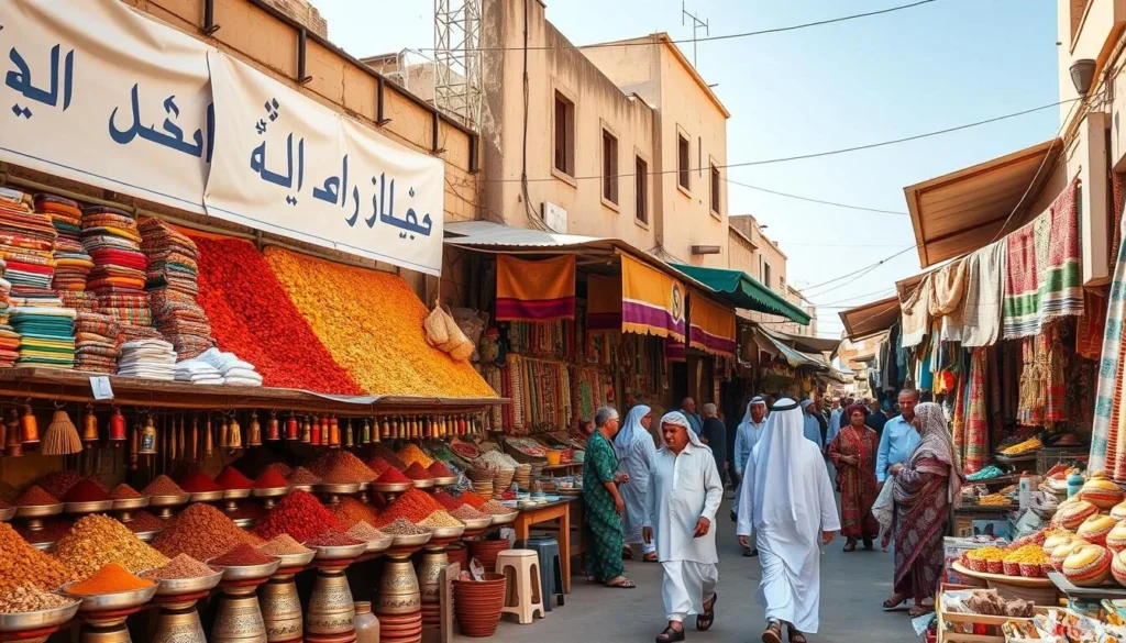 Colorful spices and goods at Souk al-Milh market in Sana'a with local vendors and shoppers