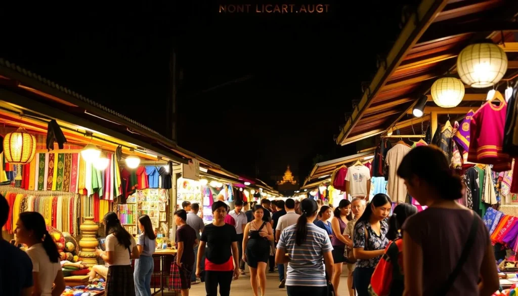 Colorful stalls at the Luang Prabang Night Market selling handicrafts and souvenirs, shopping in Luang Prabang, Laos