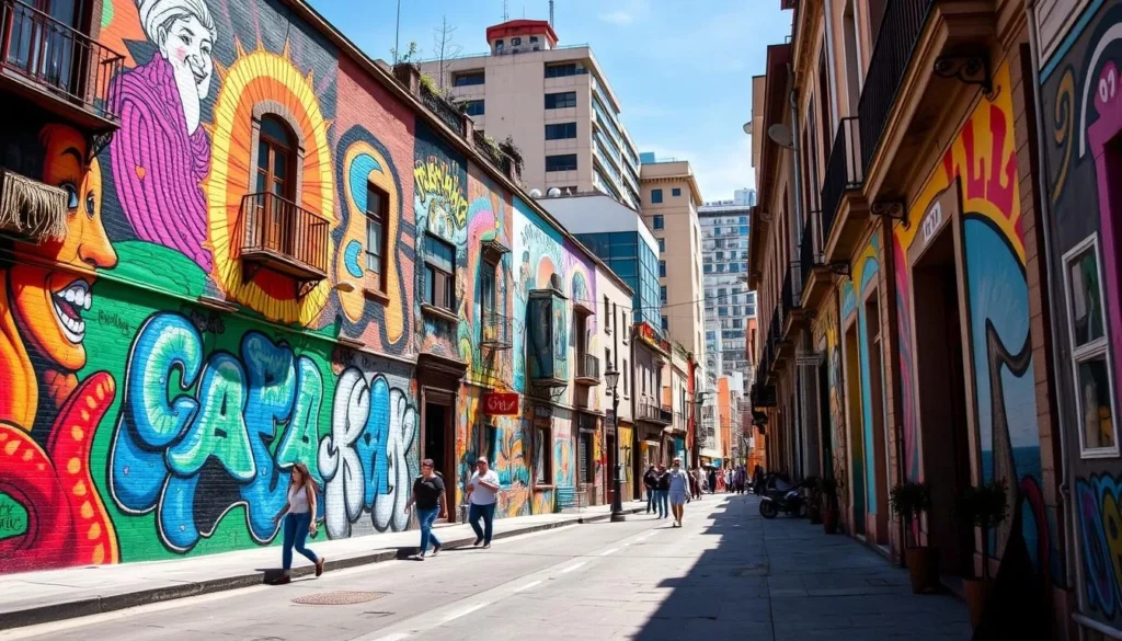 Colorful street art in Barrio Bellavista neighborhood of Santiago Chile