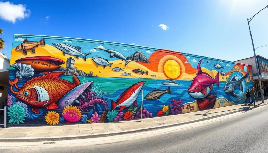 Colorful street art mural in Yeppoon featuring local marine life and coastal scenes Colorful street art mural in Yeppoon featuring local marine life and coastal scenes