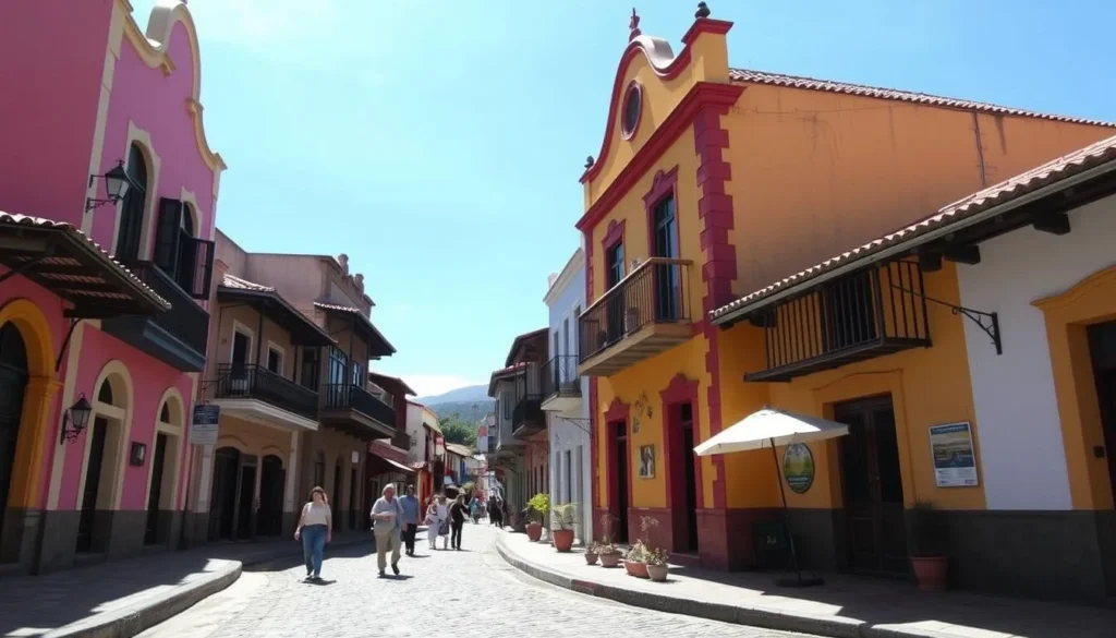 Colorful street in Guadalupe Colombia with traditional architecture