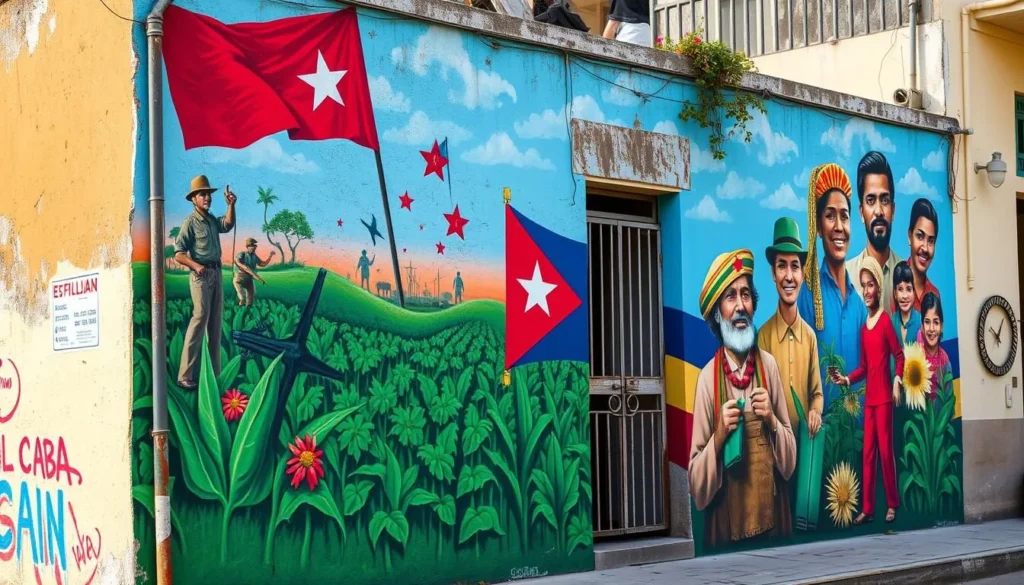 Colorful street mural with political art in Contramaestre depicting revolutionary themes Colorful street mural with political art in Contramaestre depicting revolutionary themes
