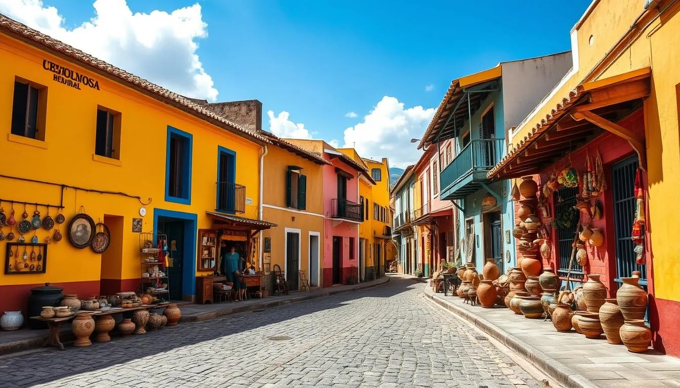 Colorful-streets-of-Raquira-Colombia-with-ceramic-displays-and-pottery-shops Colorful streets of Raquira Colombia with ceramic displays and pottery shops