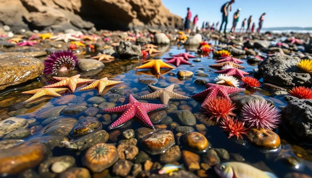 Colorful tide pools at Asilomar State Beach with sea stars and anemones