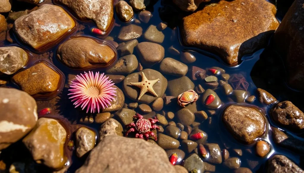 Colorful tide pools at Bean Hollow State Beach showing diverse marine life
