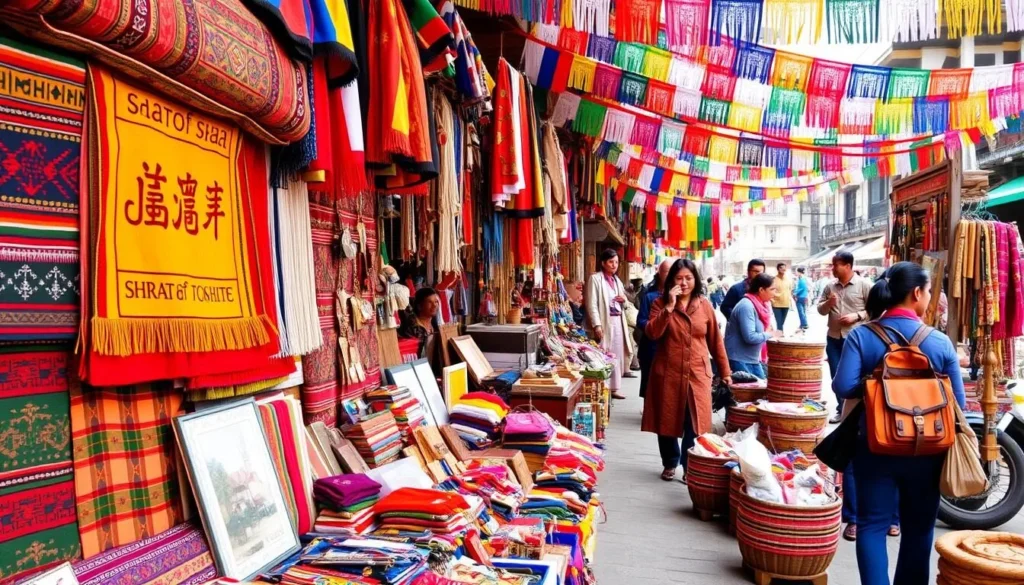 Colorful traditional Bhutanese textiles and handicrafts displayed in Phuentsholing Market